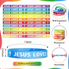 PullCrease 50 Pcs Jesus Loves Me Wristbands Bulk 10 Styles Rainbow Religious Silicone Bracelets Christian Cross Silicone Wristbands Gift for Bible School Church Group