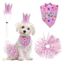 HACRAHO Dog Birthday Party Supplies, 3 Pieces Dog Birthday Bandana with Hat and Dress, Girls Set, Happy Birthday, Dog Bandana for Small Medium Dogs, Pink