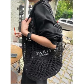 POOOPSSD New Woven Bag, Straw Mesh Tote Bag, Beach, Shoulder Bag, Hobo Women, Foldable Large Capacity, for Holiday, Picnic and Party. (black)