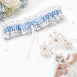 ARYIMYDP Set Sposa Blu, giarrettiera in pizzo e corsage da polso, accessori matrimonio per sposa, damigella, addio nubilato, foto e festa, accessorio sposa, qualcosa blu, foto matrimonio, regalo