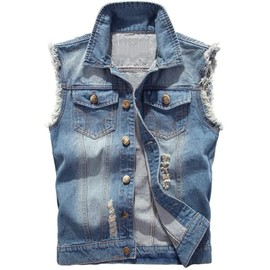 Men's Sleeveless Denim Vest Casual Ripped Classic Button Down Jean Jacket