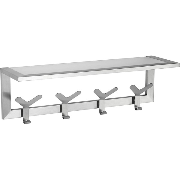 Cortesi Home Milton Contemporary Stainless Steel Multipurpose Hook Rail/Rack with Glass Shelf, Brushed Aluminum, CH-BR798109