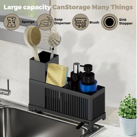 KOOSREEL Kitchen Sink Caddy Organiser, Sponge Holders with Removable Drain Tray, Partitions and Brush Holder
