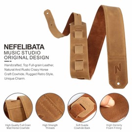 Nefelibata Guitar Strap, 2.3-inch Wide Full Grain Leather Guitar Straps with Soft Padding for Bass, Electric and Acoustic Guitars (Yellow)