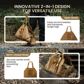 OneTigris Firewood Carrier, 2-in-1 Firewood Log Carrier Bag, Waxed Canvas Firewood Tote Carrier Extra Large Firewood Carriers with Handles for Fire Pit, Camping, Wood Stove, BBQ Barbecue
