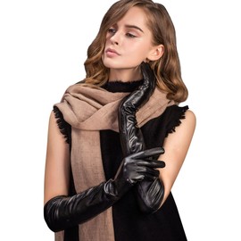 YISEVEN Women’s Long Leather Gloves Opera Length Flat Design Lined Genuine Lambskin Winter Cold Weather Luxury Accessories for Ladies Dress Driving Evening Party Gifts, Black Size 7.5 L