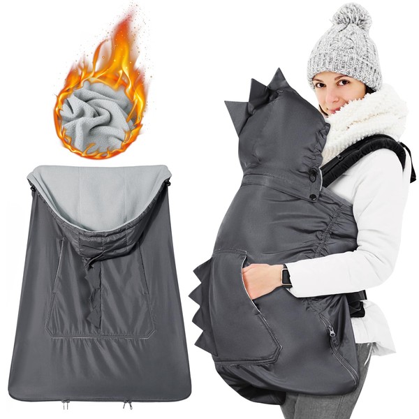 Orzbow Weatherproof Cover for Baby Carrier,Waterproof Winter Baby Carrier Cover,Universal Wind Cover for Baby Carrier with Zip,Warm Liner,Removable Drawstring Hood,Machine Washable (Dark Grey Dino)