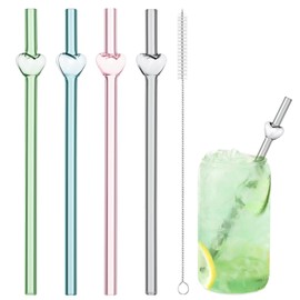 Snowfall Heart Shape Glass Straws - 4pc 7.87 Inch x 8mm, Reusable Drinking Set,Perfect for Cocktails, Iced Coffee and Cold Beverages, Heat-Resistant and Dishwasher Safe (Set 4)