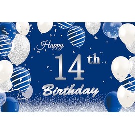 JumDaQQ 14th Birthday Decorations for Boys, Happy 14th Birthday Banner Photography Background Blue Silver, 14th Birthday Backdrop Banner, 14 Years Old Boys Birthday Party Backdrop Poster Fabric 5x4ft