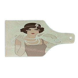 Ambesonne Old Hollywood Cutting Board, Curly Hair Brunette Flapper Girl Wearing Necklace and Headband, Decorative Tempered Glass Cutting and Serving Board, Wine Bottle Shape, Beige Brown Ivory