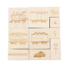 Trains - Engraved Wood Rubber Stamp Set - 10 Pieces