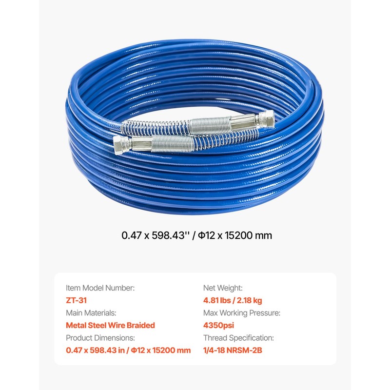VEVOR 50ft Airless Paint Sprayer Hose, 1/4 in Universal Airless
