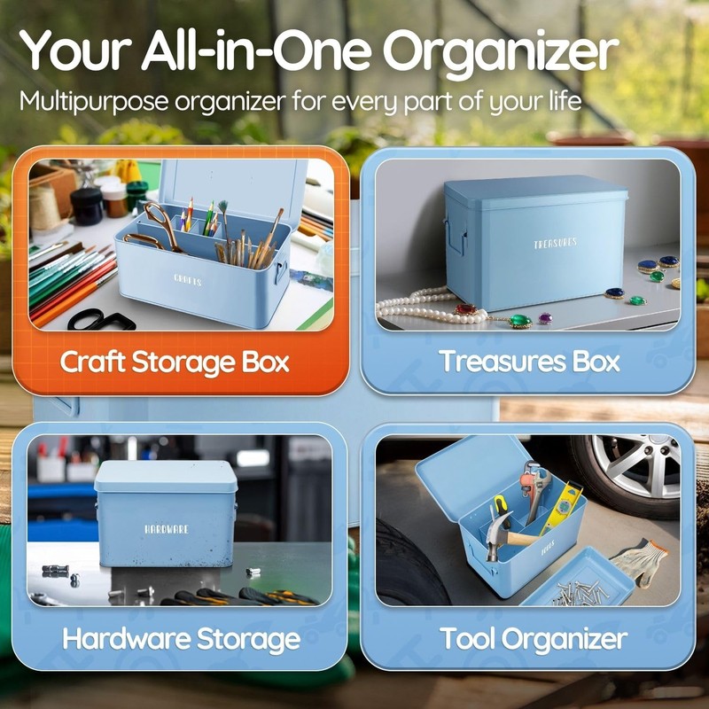 Flexzion Tin Storage Box with Removable Tray, 13 Inch Seed