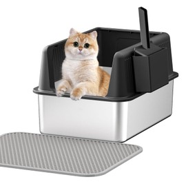 Stainless Steel Cat Litter Box with Lid,XL,19.7”L x 13.8”W x 11.8”H Deep,Metal Litter Box with High Side,for Small and Large Cats,with a Scoop and Scoop Storage Box Litter Mat Double,Easy Cleaning