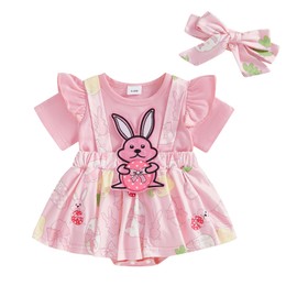 Loalirando Newborn Baby Girl Easter Romper Dress Ruffle Short Sleeve Round Neck Bunny Egg Print Bodysuit with Headband Set Summer Clothes (Pink, 0-3 Months)