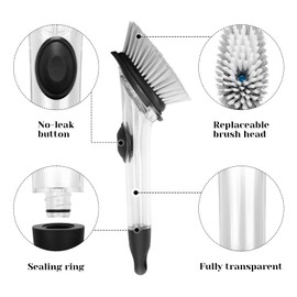 Soap Dispensing Dish Brush Set, Kitchen Brush with 4 Brush Replacement Heads, 2 Adhesive Hooks, Dish Wand Scrub Brush for Dishes Sink Pot Pan Cleaning