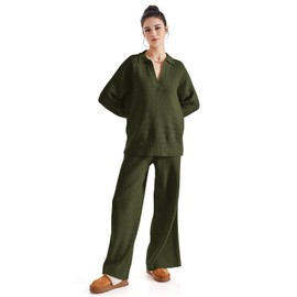 SUUKSESS Women 2 piece Fall outfits Long Sleeve Oversized Matching Lounge Set Waffle Knit Polo Sweater sets (Green,S)