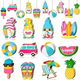 Summer Tree Decorations Pack of 24 Summer Beach Wooden Pendants Hawaiian Wood Hanging Summer Hanging Decoration Wood for Hawaiian Summer Party Tropical Decorations