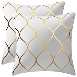 DEZENE Gold Velvet Throw Pillow Covers Off White: 2 Pack 16x16 Inch Square Decorative Pillow Cases for Bedroom Sofa Couch Living Room
