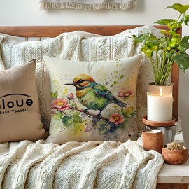 Watercolor Birds Flowers Decorative Pillowcases 2pack Spring Summer Patio Decor Cushion Cover Farmhouse Rustic Birds Floral Pillow Covers 18 x 18 Inches for Sofa Couch Porch (Green)