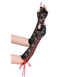 Coucoland Steampunk Gloves Lace Up Fingerless Gloves Adjustable Long Gloves for Evening Party (A-Lace Black Red)