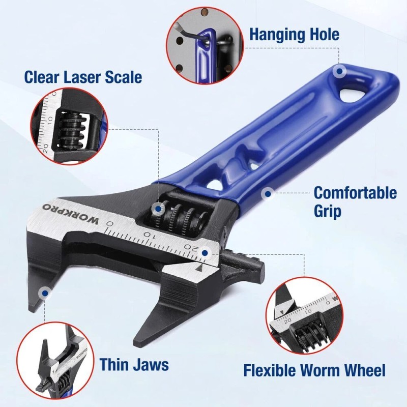 WORKPRO 4-Inch Thin Jaws Stubby Wide Opening Adjustable Wrench Metric/SAE