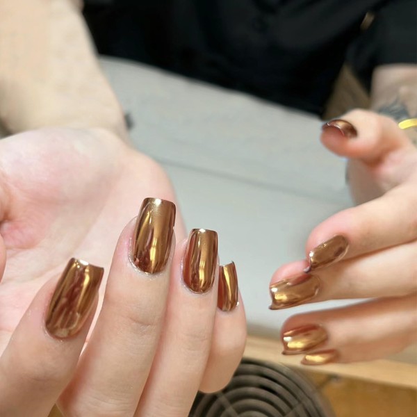 Gold Press on Nails Chrome Metal Fake Nails Glossy Mirror