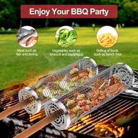 Grill Baskets for Outdoor Grill, Rolling Grill Basket with Removable Wooden Handle, Stainless Steel Grilling Accessories for Fish, Shrimp, Meat, Vegetables, Fries, Grilling Gifts for Men