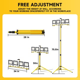 TOPRATED Plug in Led Work Light with Stand,28000 Lumen 110V 4 Adjustable Head Outdoor Flood Lights,Foldable Mechanic Light with 16.5Ft Power Cord,Portable Waterproof Tripod with Lamp for Workbench