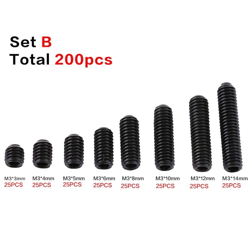 Fdit 200pcs M3 Black Carbon Steel Socket Cup Point Grub