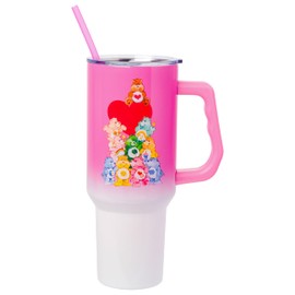Silver Buffalo Care Bears Watercolor Heart Ombre Stainless Steel Tumbler with Handle and Straw, Fits in Standard Cup Holder, 40 Ounces