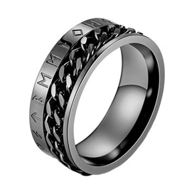 INRENG Men's 8MM Stainless Steel Chain Spinner Ring Band with Viking Rune Odin Norse Text Jewelry Black Size 10