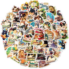 Love Reading Cat Stickers, 50PCS Funny Learning Book Cat Sticker Packs for Teens Adults, Vinyl Waterproof Kawaii Pet Decals for Stationery Box Laptop Phone