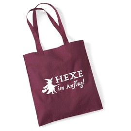 huuraa Jute Bag Witch in the Approach Bag Cotton 10 Litres with Funny Motif Gift Idea for Friends and Family, burgundy
