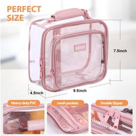 BORMELUN Clear Lunch Box for Girls Kids, Transparent Lunch Bag Perfect for School and Work with Adjustable Handle and Zipper Closure School Backpack,Pink (9.5x7.5x4 inches)