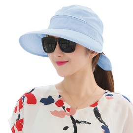 Womens Summer 2 in 1 Beach Sun Hat Large Wide Brim Anti-UV Golf Tennis Cap Roll Up Folding Convertible Trucker Sun Visor Blue