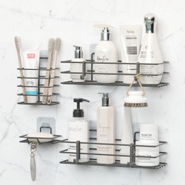 Dekula Adhesive Shower Caddy 4 Pack, Shower Shelves Organizer for Bathroom Storage, Rustproof Stainless Steel Bath Organizers, Kitchen, Adhesive or Screw, Soap Dish, Hooks, Wall Shelf