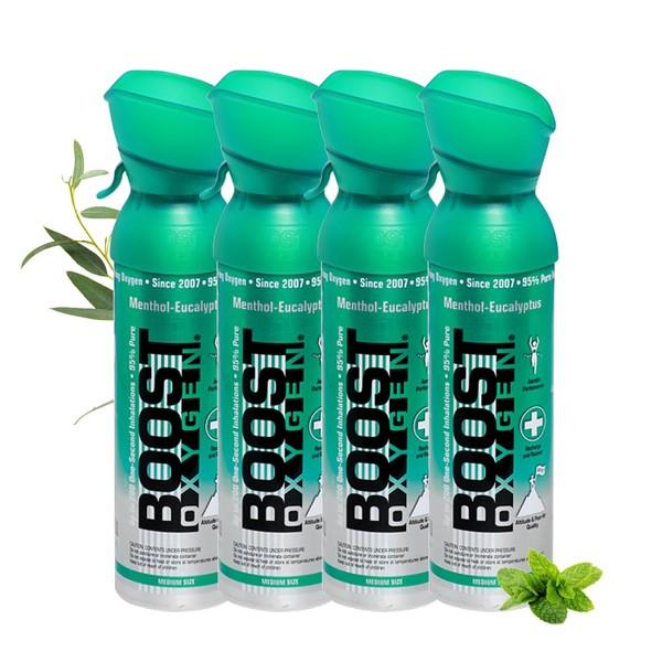 Boost Oxygen Oxygen tab for on the go with 95% oxygen, 20 L, 4 x 5 L oxygen can with oxygen mask for more than 400 inhalations, mobile oxygen inhaler (menthol-eucalyptus flavour)