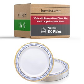 Smarty Had A Party 120 White with Blue and Gold Chord Rim 7.5" Plastic Appetizer Salad Plates Gold Rimmed Dessert Plates for Party and Wedding Use