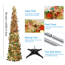 N&T NIETING Christmas Tree, 5ft Collapsible Pop Up Gold Colored Tinsel Christmas Tree Coastal Christmas Tree for Holiday Xmas Decorations, Home Display, Office Decor