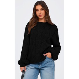 PRETTYGARDEN Women's Cable Knit Sweaters Casual Long Sleeve Crewneck Oversized Chunky Fall Winter Sweater Pullover Tops 2024 (Black,M)