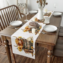 Feelyou Highland Cow Kitchen Dining Table Decor 13" x 48" Highland Cattle Table Runner Decor Animal Home Decor for Living Room Dresser Scarfs Dresser Runners Sunflower Table Decor for Kitchen Dinning