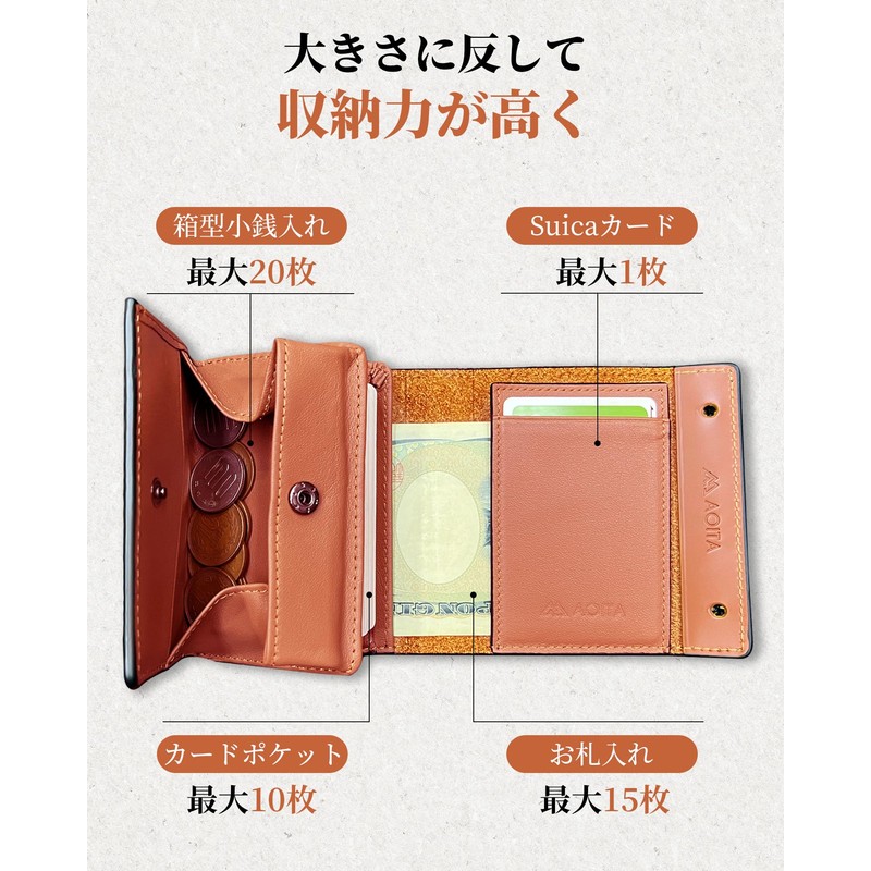 Aoita Men's Bi-fold Wallet, Tochigi, Genuine Leather, Box-Shaped Coin Purse,