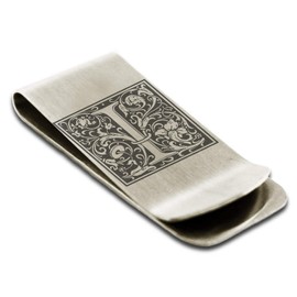 Stainless Steel Money Clip For Men Dad Boy Friend Father Floral Initial Letter Box Monogram Wallet Cash Card Holder, Gray-floral-i