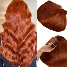 Copper Sew in Weft Hair Extensions Real Human Hairs 24 Inch Hand Tied Light Auburn Brown Double Weft Sew in Hair Bundles Copper Remy Hair Extension 120G Full Head Straight for Women