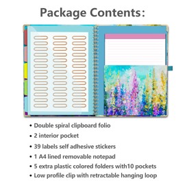 Clipboard Folio with Notepad for Letter Size (11" x 8.5"), 5 Extra Folders with Storage 10 Pockets, 39 File Folder Labels, Elastic Closure Spiral Clipboard with Storage(Purple Oil Painting)