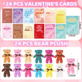 Valentines Day Cards for Kids, 24 Pack Mini Bears Plush Toy with Valentines Day Cards, Mini Stuffed Animal for Valentine School Party Favors for Kids Boys Girls, Kid Exchange Valentine's Day Gifts