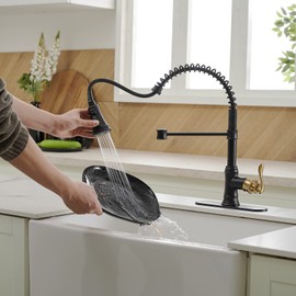BWE Black and Gold Kitchen Faucet with Pull Down Sprayer Single Handle High Arc Spring Commercial 3 Functions Kitchen Sink Faucet Solid Brass with 10" Deck Plate for Sink 1 or 3 Holes