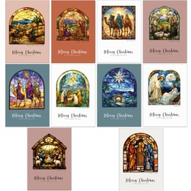 30 Religious Christmas Cards with 15 different Stained Glass Window Artistic designs and 30 Kraft Brown Envelopes made from Recycled Paper