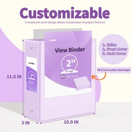 SUNEE 3 Ring Binder 2 Inch 2 Pack, Clear View Binder Three Ring PVC-Free (Fit 8.5x11 Inches) for School or Office Supplies, Purple